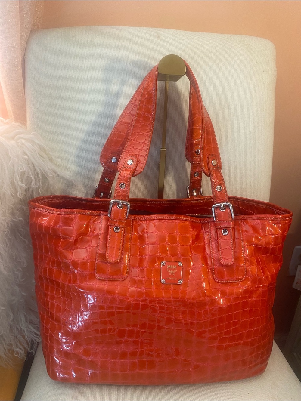 MCM Red Croc-Embossed Patent Leather Tote